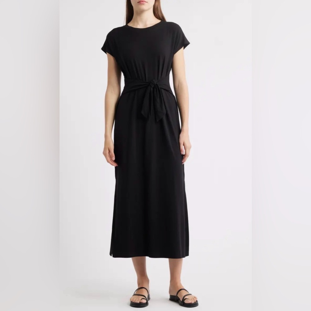 Eileen Fisher Black Tie-Waist Maxi Jersey Dress Size XS